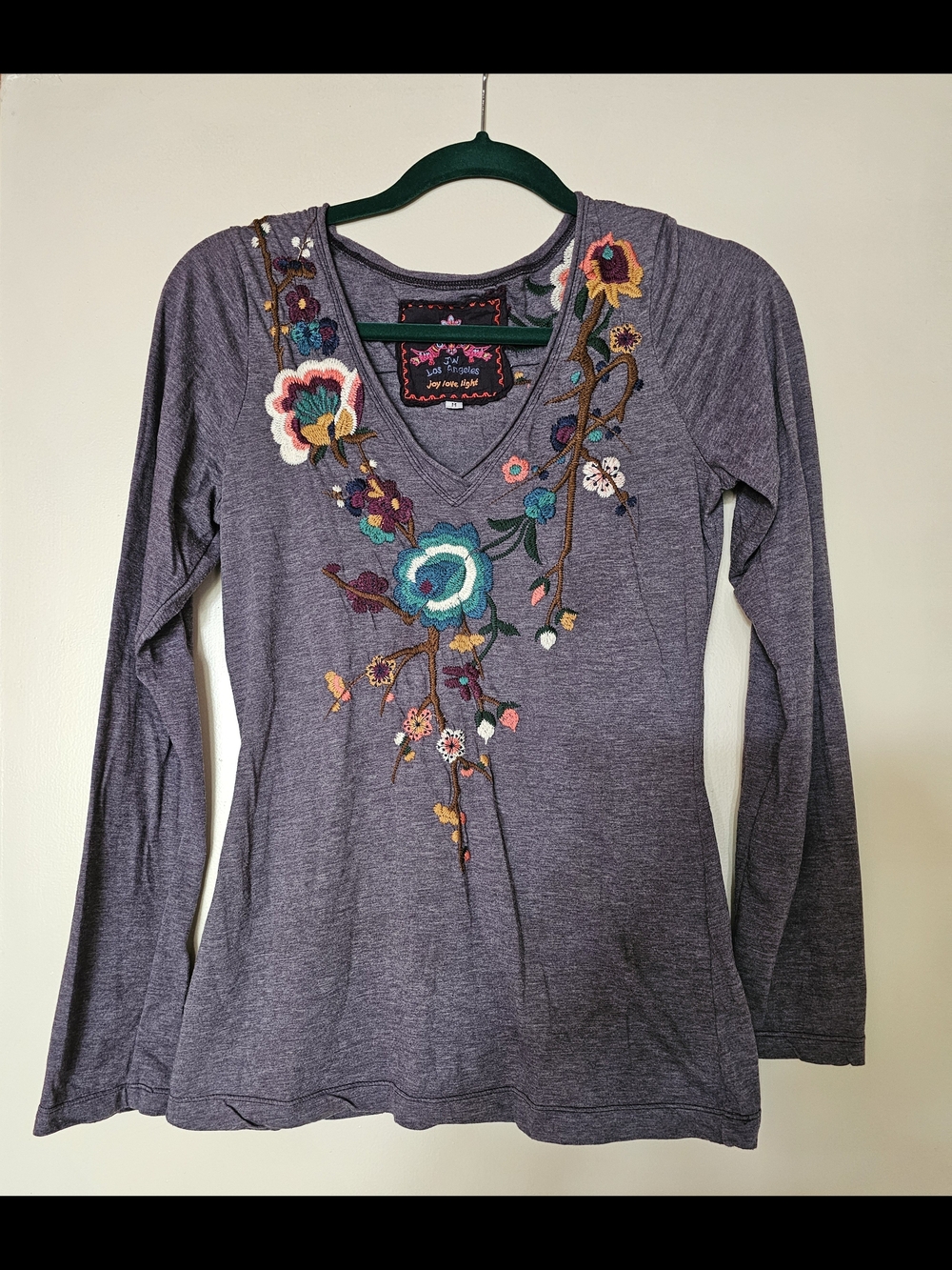 Johnny Was Denim Blue Embroidered V-Neck Long Sleeve Top M